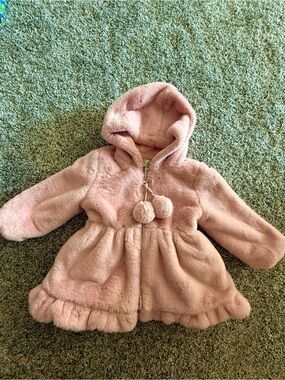 American Widgeon Pompom Tulip Coat Pink Faux Fur Hooded Jacket Girls 24M